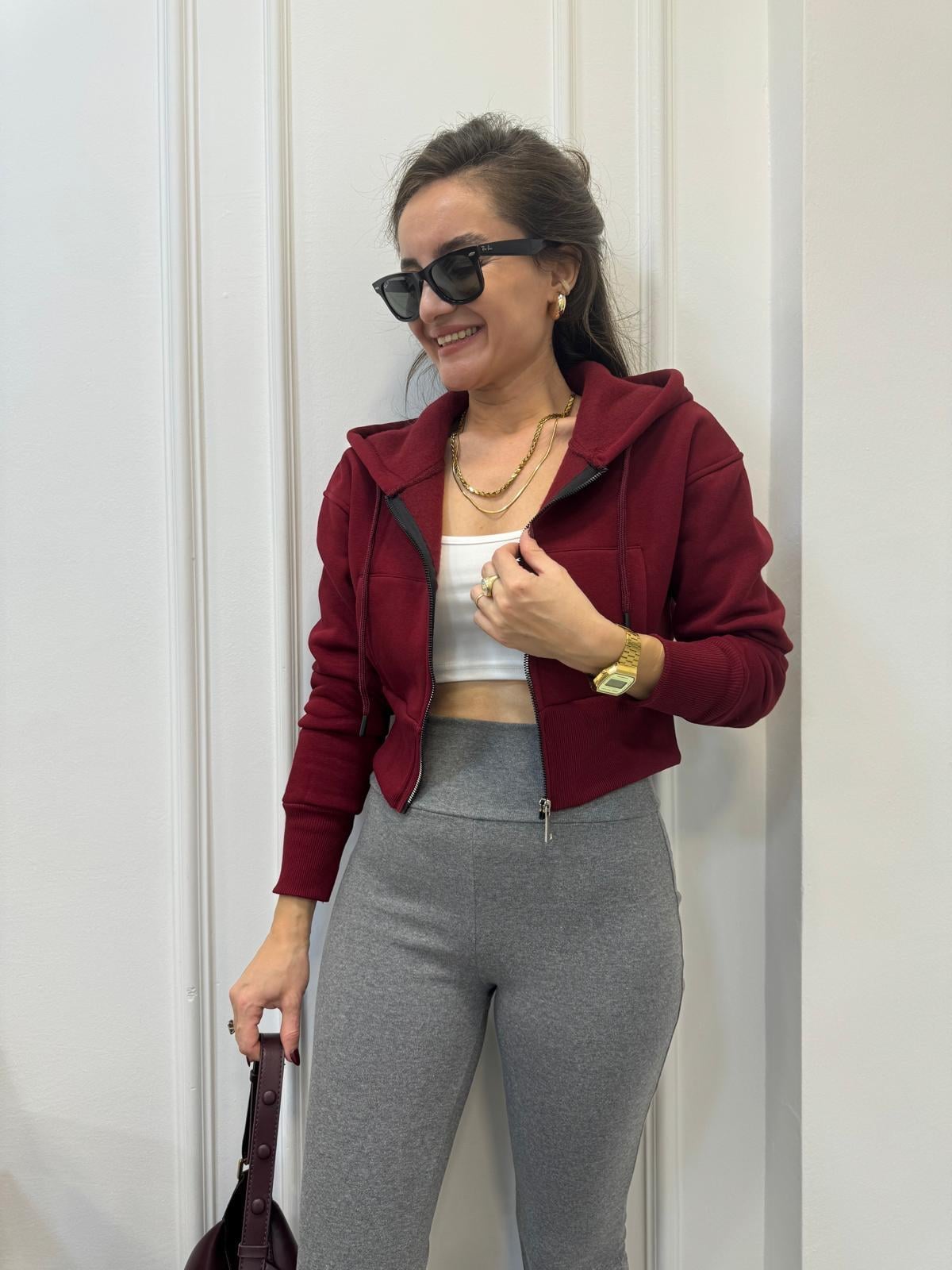 Bordo Üç İplik Kapuşonlu Fermuarlı Kısa Sweatshırt 10069