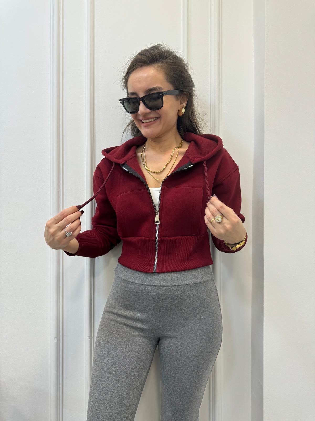 Bordo Üç İplik Kapuşonlu Fermuarlı Kısa Sweatshırt 10069
