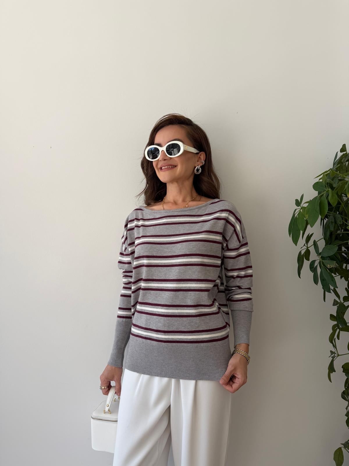 Bordo Uzun Kollu Omzu Açık Triko Bluz 251185