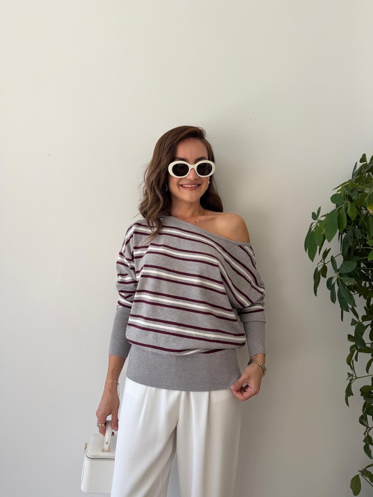 Bordo Uzun Kollu Omzu Açık Triko Bluz 251185