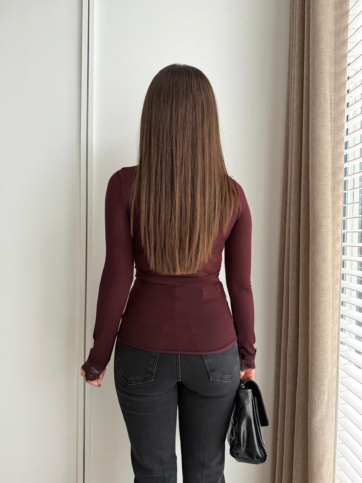 Bordo V Yaka Dantel Detaylı Bluz 17373