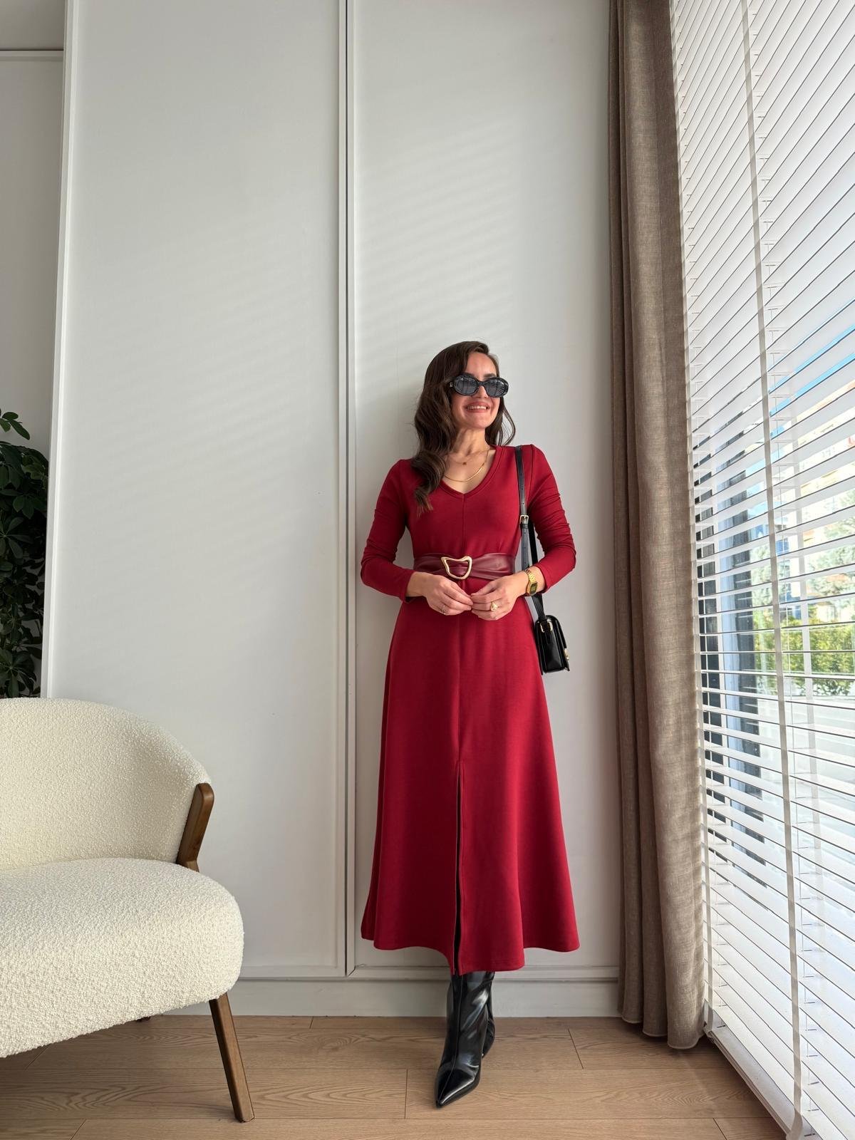 Bordo V Yaka Kemerli Kloş Elbise 112014