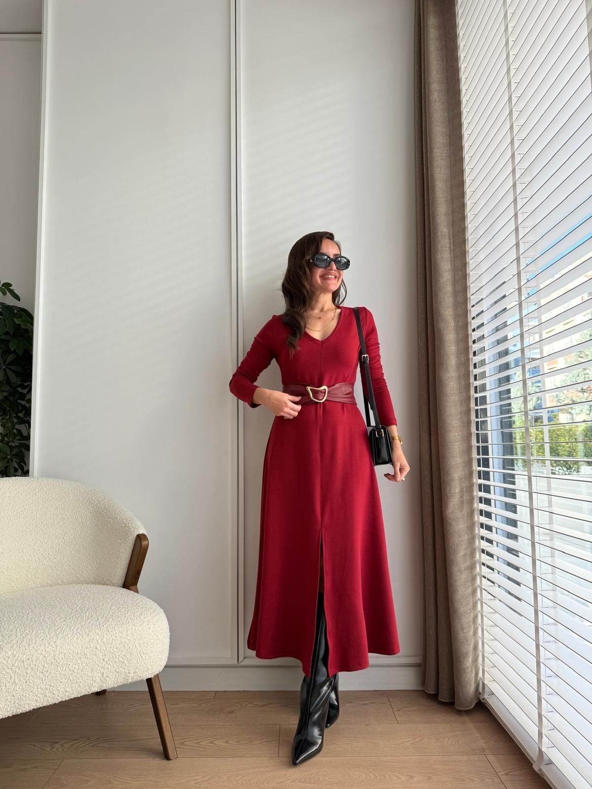 Bordo V Yaka Kemerli Kloş Elbise 112014