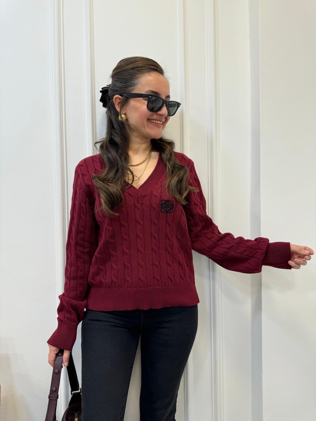Bordo V Yaka Saç Örgü Triko Kazak 2428