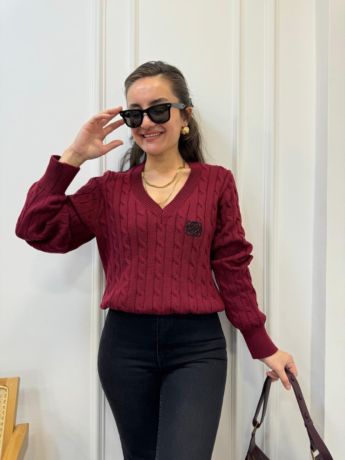 Bordo V Yaka Saç Örgü Triko Kazak 2428