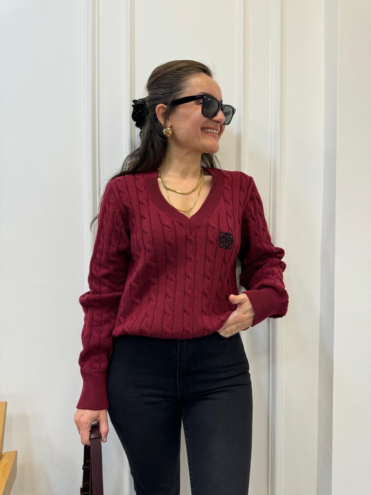 Bordo V Yaka Saç Örgü Triko Kazak 2428