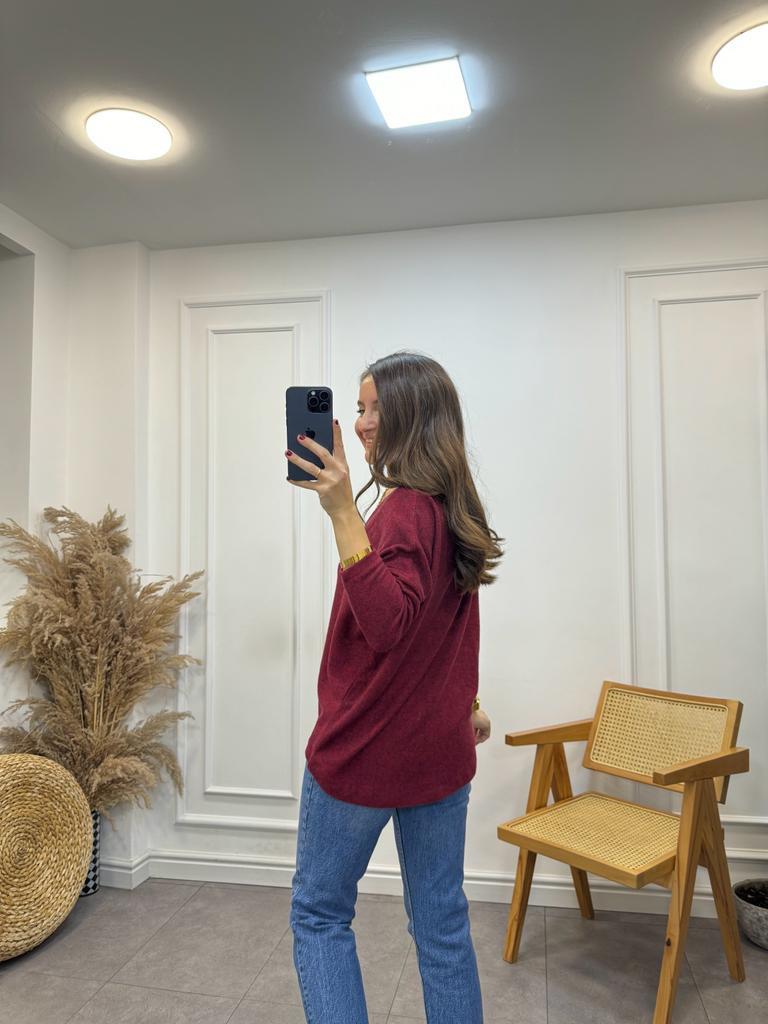 Bordo V Yaka Yumoş Triko Bluz 7590