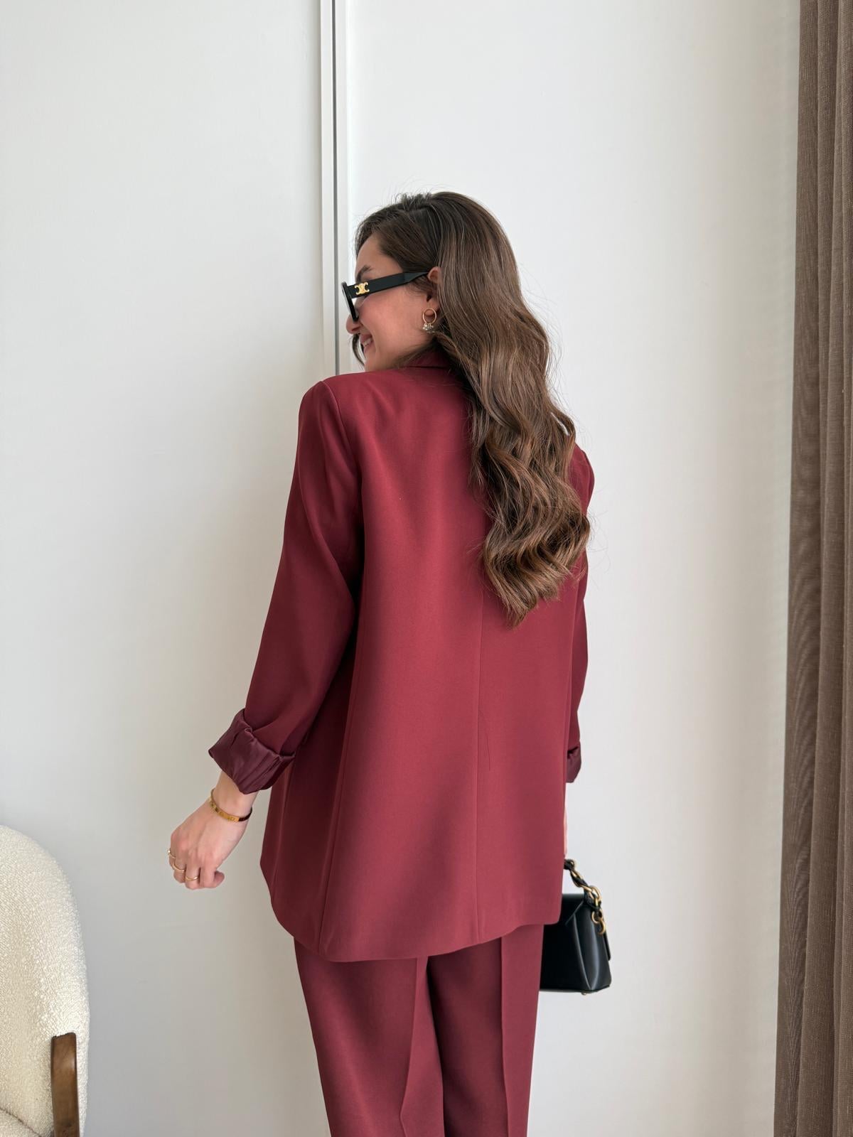 Bordo Vatkalı Düğmeli Blazer Ceket 7462