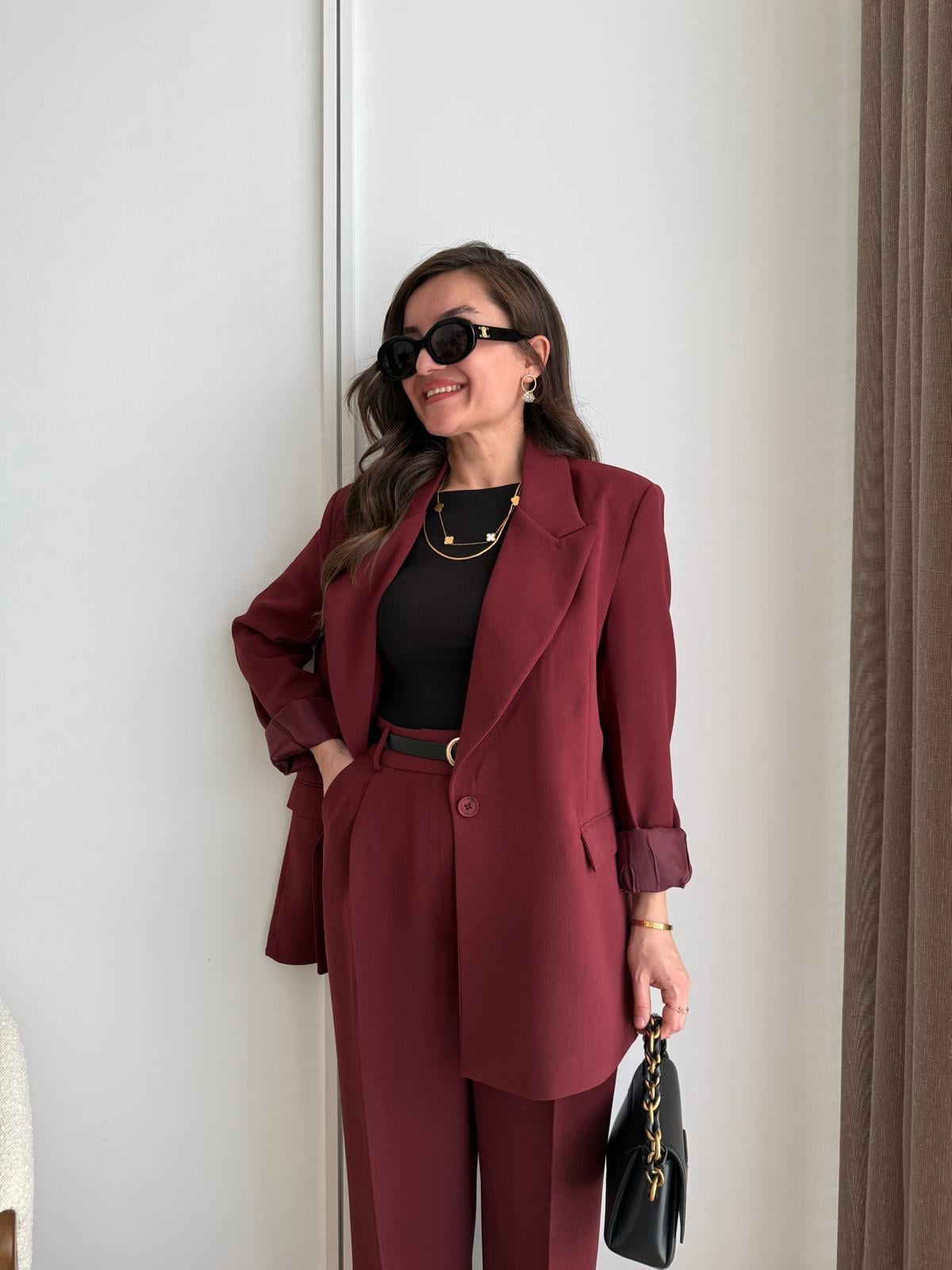 Bordo Vatkalı Düğmeli Blazer Ceket 7462