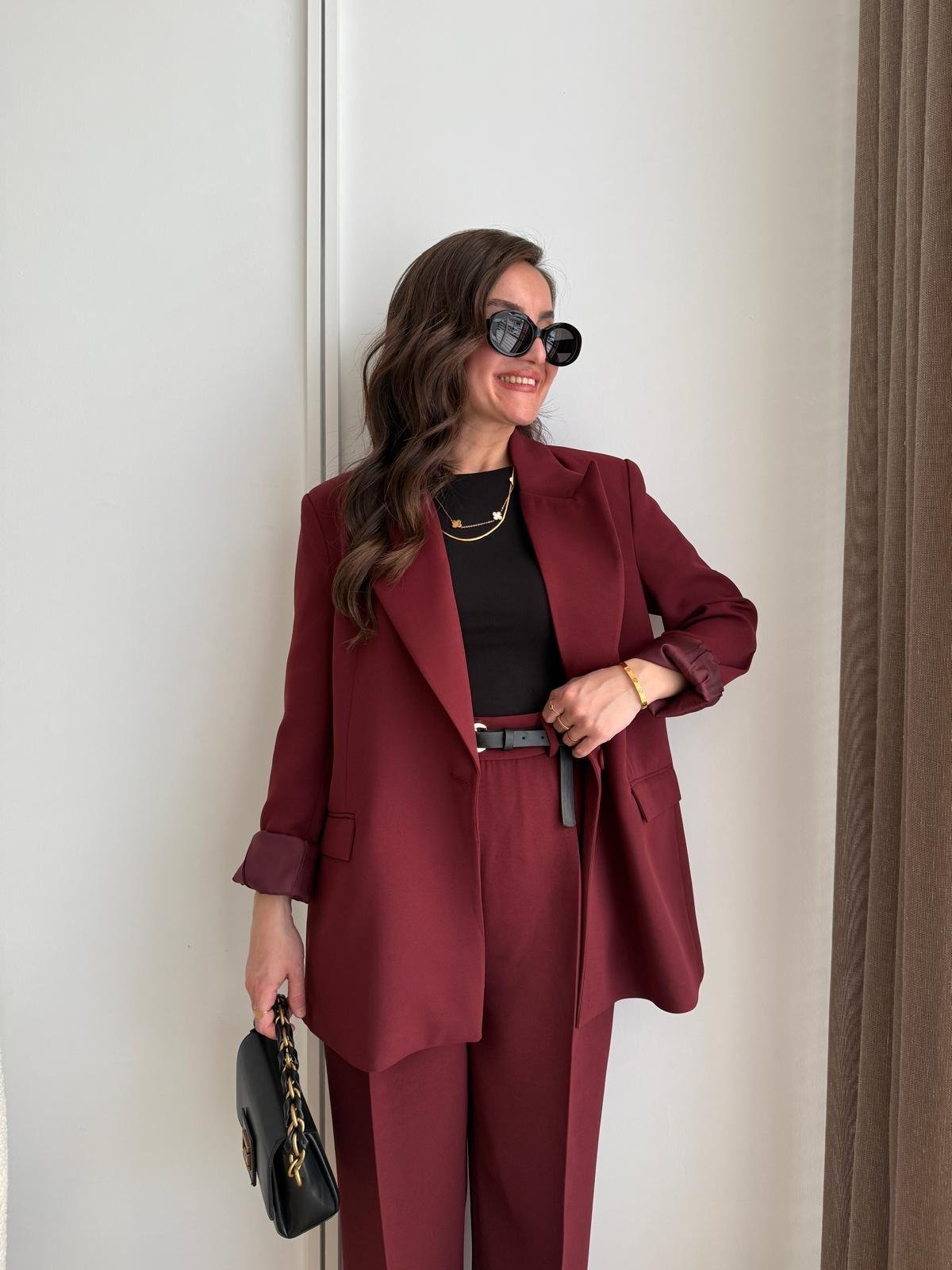 Bordo Vatkalı Düğmeli Blazer Ceket 7462