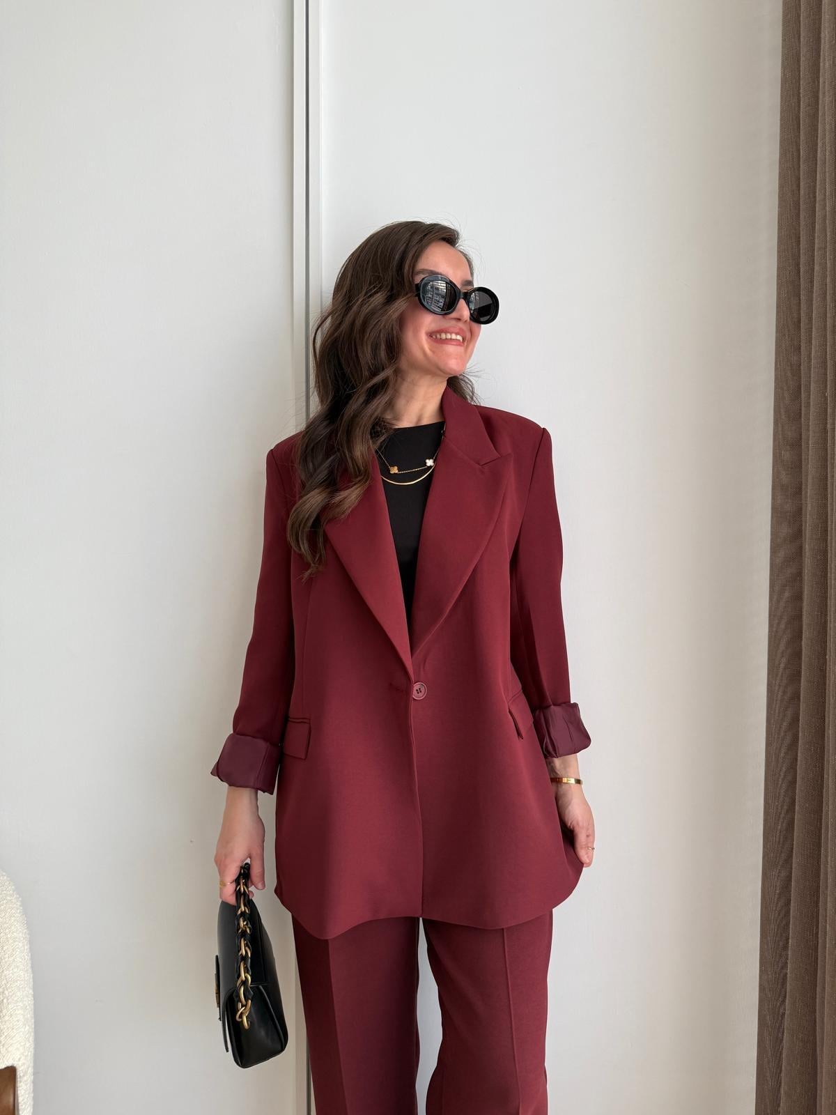 Bordo Vatkalı Düğmeli Blazer Ceket 7462