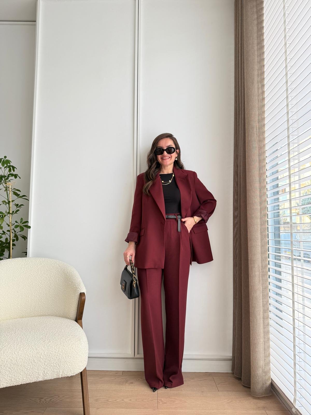 Bordo Vatkalı Düğmeli Blazer Ceket 7462