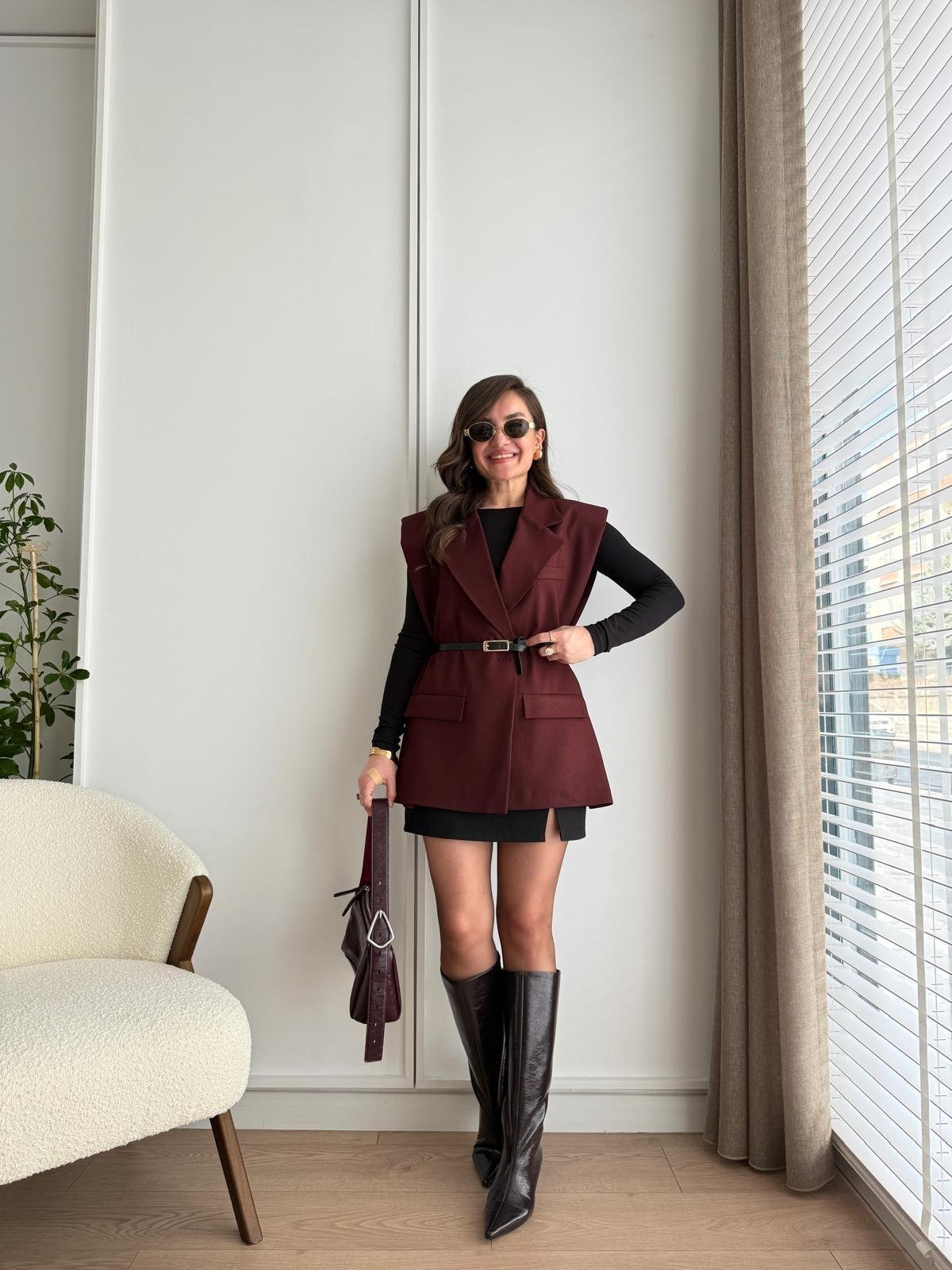 Bordo Vatkalı Kemerli Yelek 7449