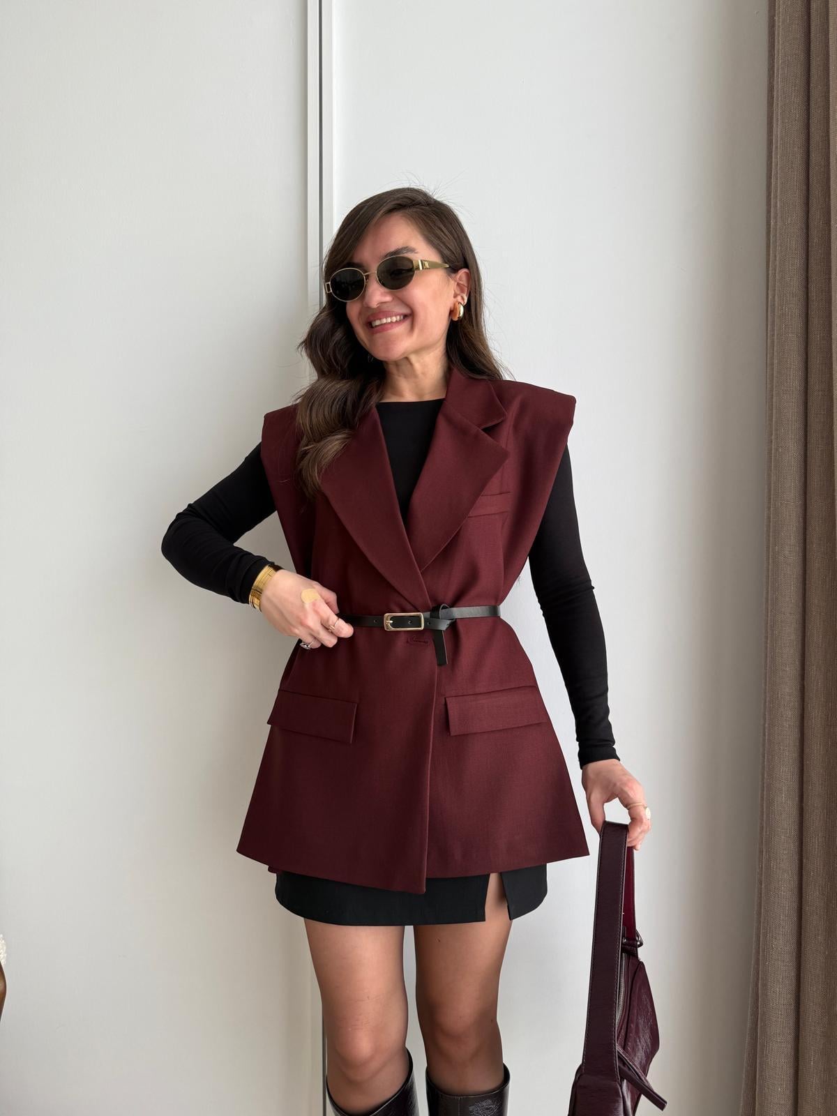 Bordo Vatkalı Kemerli Yelek 7449