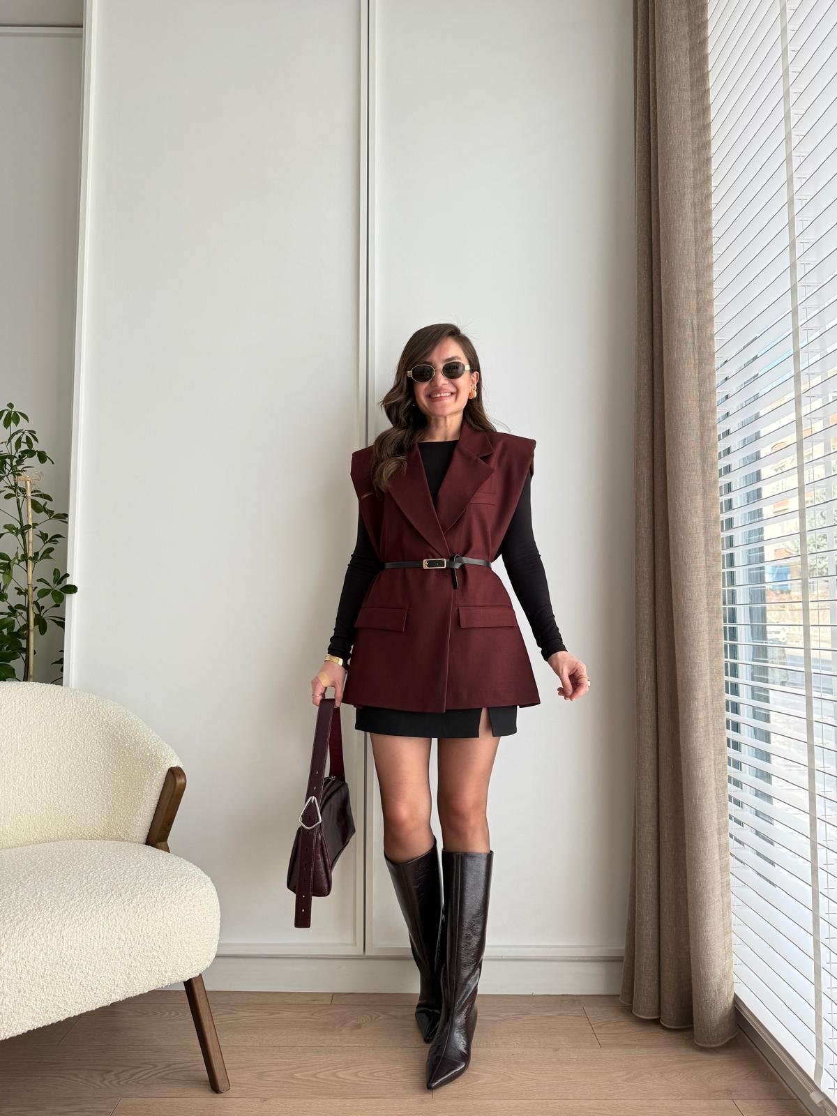 Bordo Vatkalı Kemerli Yelek 7449