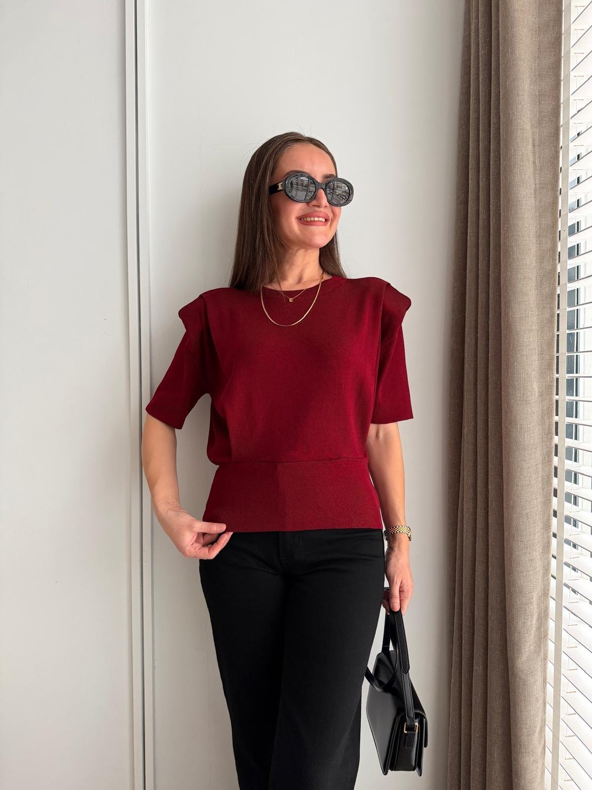 Bordo Vatkalı Kısa Kollu Triko 5108