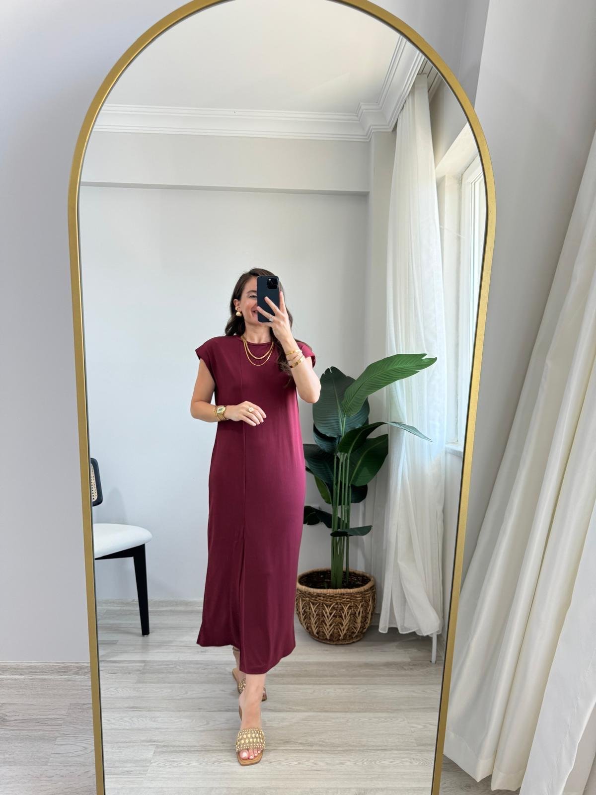 Bordo Vatkalı Yırtmaçlı Modal Kumaş Elbise 1018