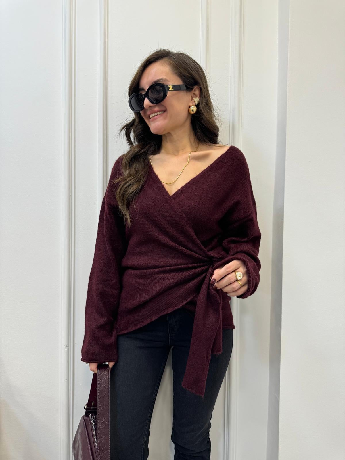 Bordo Yan Bağlamalı Triko Kazak 241162