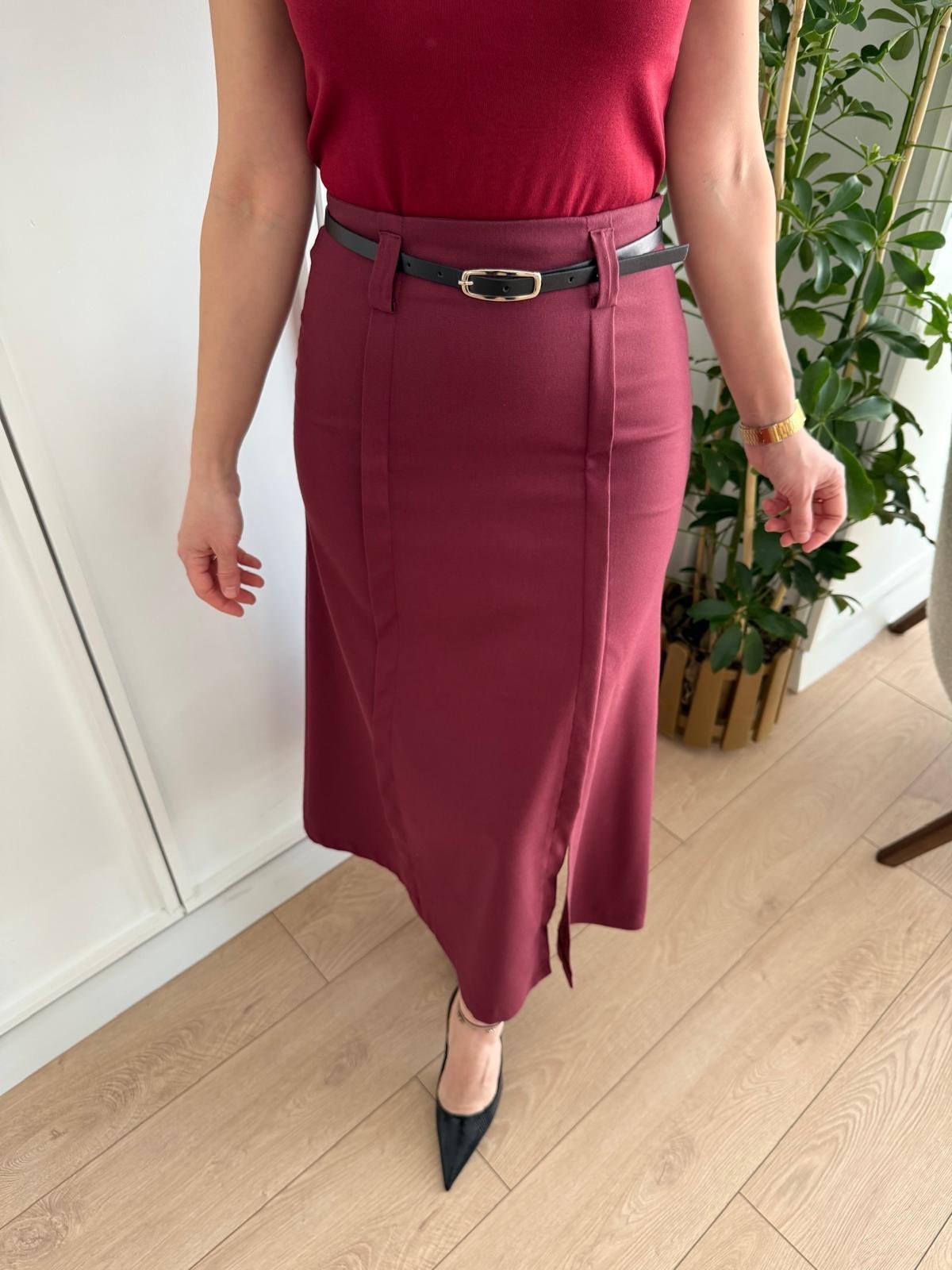 Bordo Yırtmaç Detaylı Kemerli Midi Boy Etek 1234