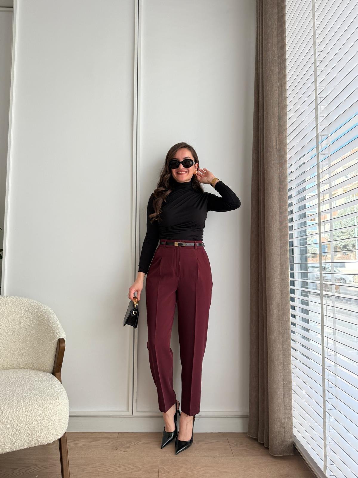 Bordo Yüksek Bel Pensli Kemerli Kumaş Pantolon 3706