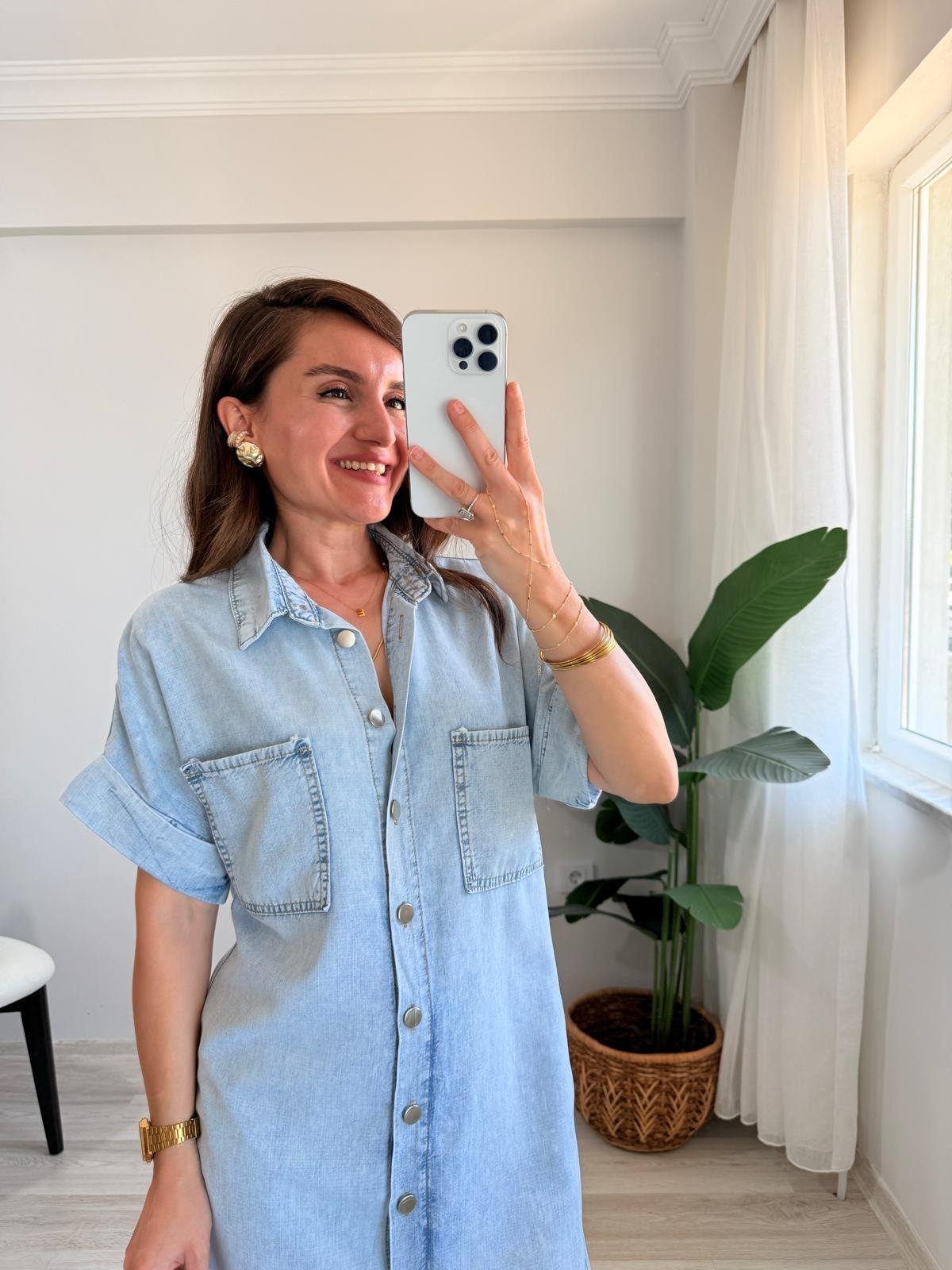 Buz mavisi Cepli Kısa Kol Denim Elbise 7135
