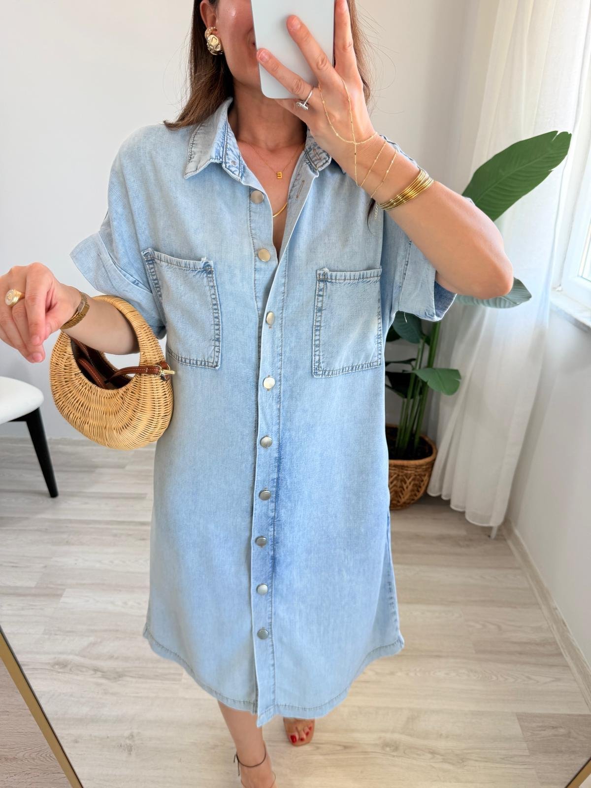 Buz mavisi Cepli Kısa Kol Denim Elbise 7135