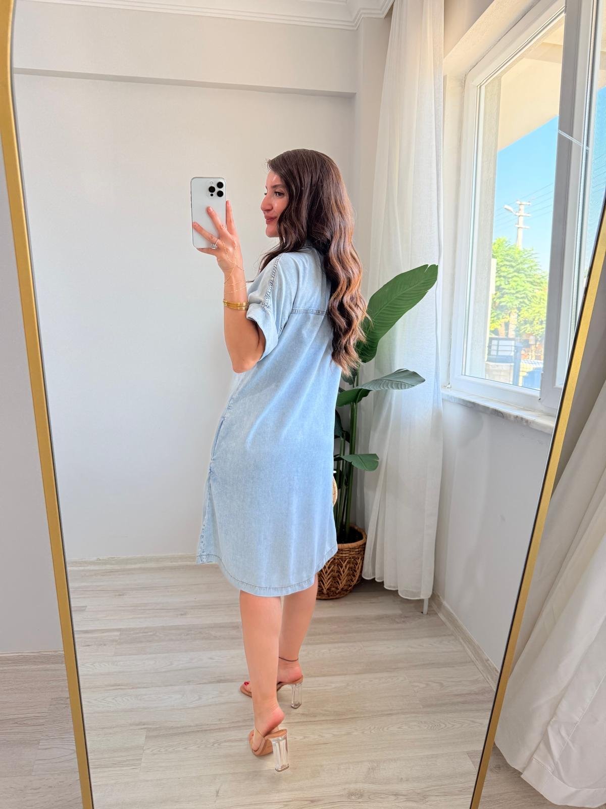 Buz mavisi Cepli Kısa Kol Denim Elbise 7135