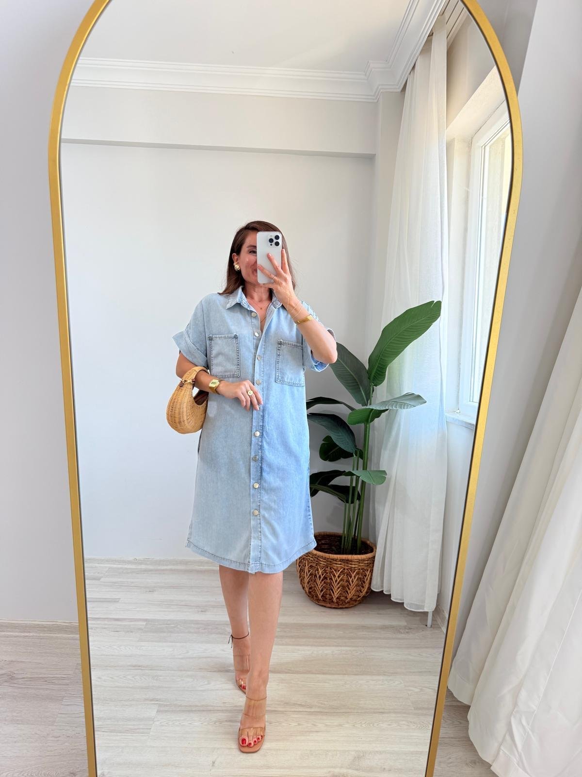 Buz mavisi Cepli Kısa Kol Denim Elbise 7135