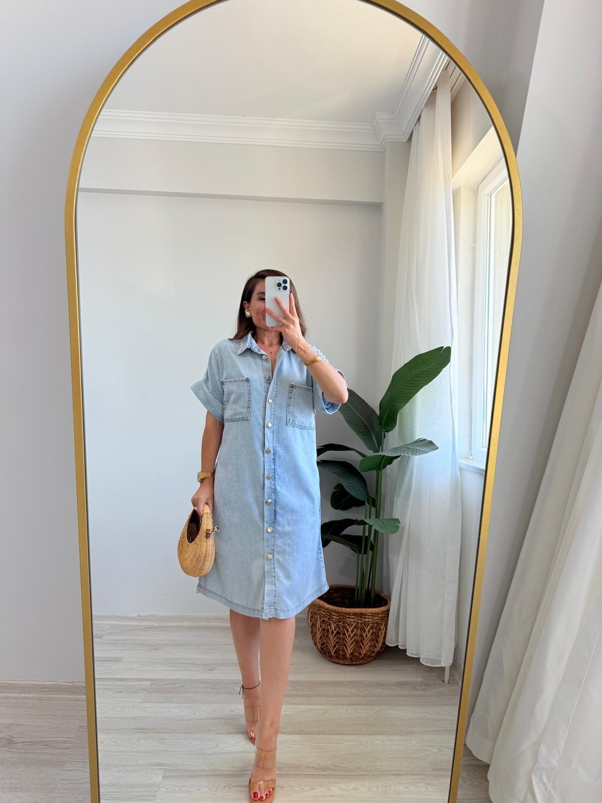 Buz mavisi Cepli Kısa Kol Denim Elbise 7135