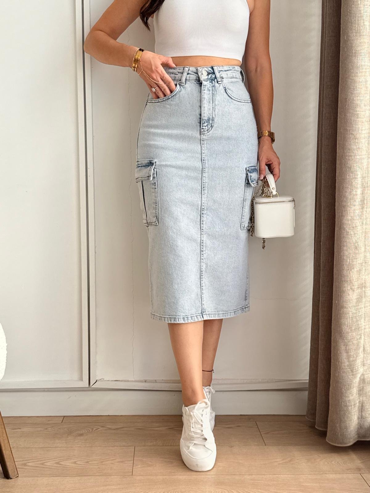 Buz mavisi Cepli Yırtmaçlı Denim Etek 1023