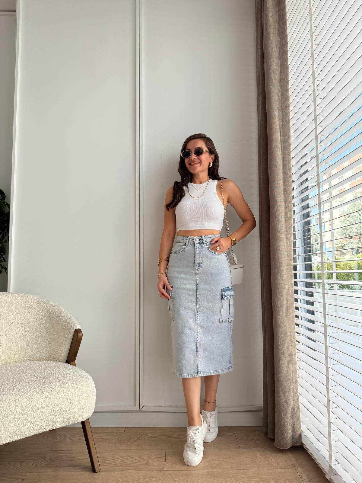 Buz mavisi Cepli Yırtmaçlı Denim Etek 1023