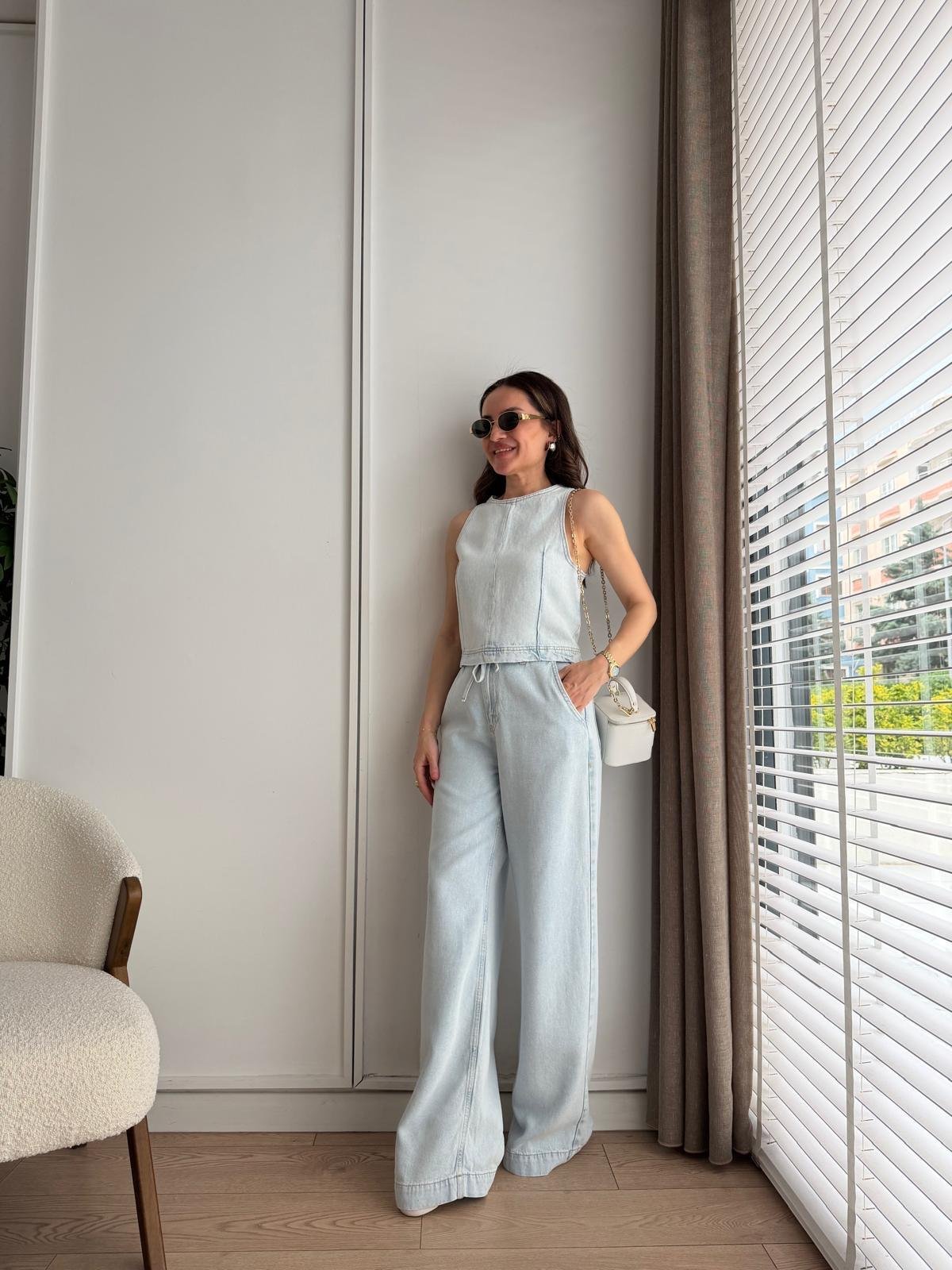 Buz mavisi Pens Detaylı Fermuarlı Bluz Takım 8289