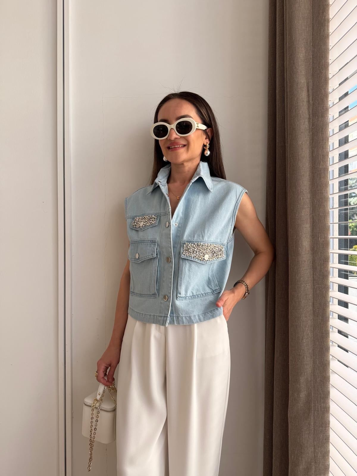 Buz mavisi Taş İşlemeli Cep Detaylı Denim Yelek 37457
