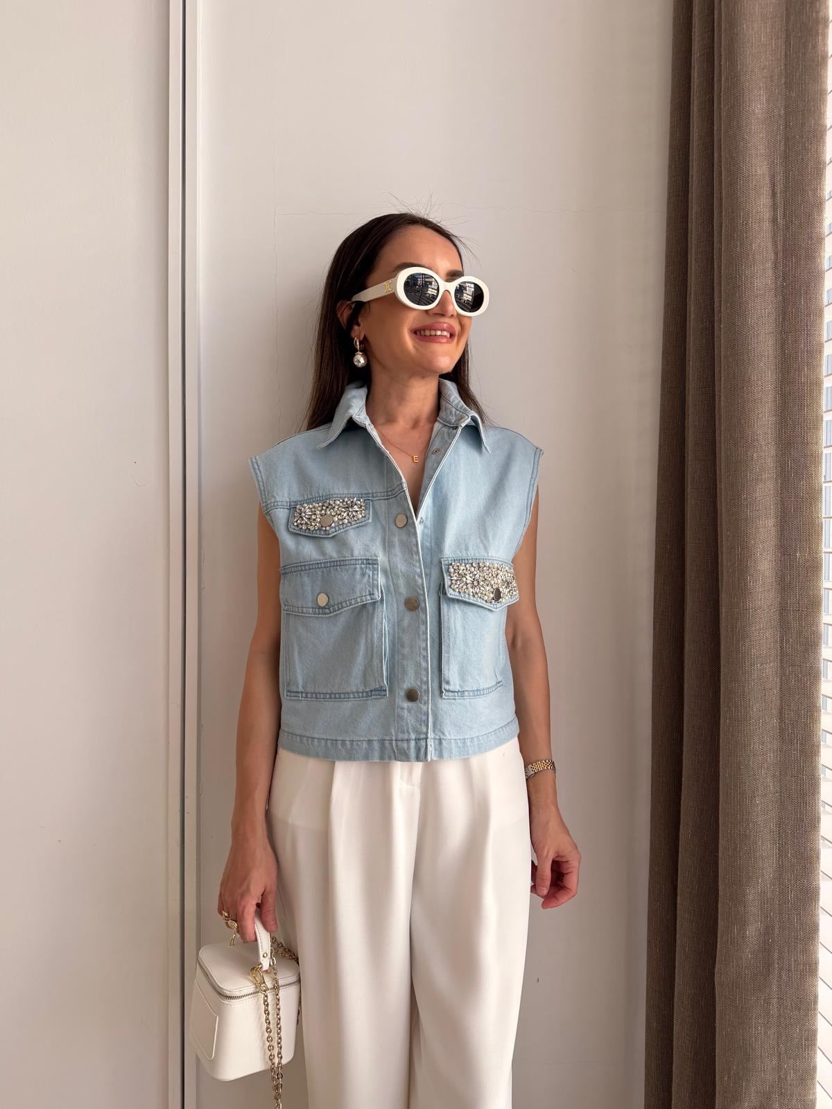 Buz mavisi Taş İşlemeli Cep Detaylı Denim Yelek 37457