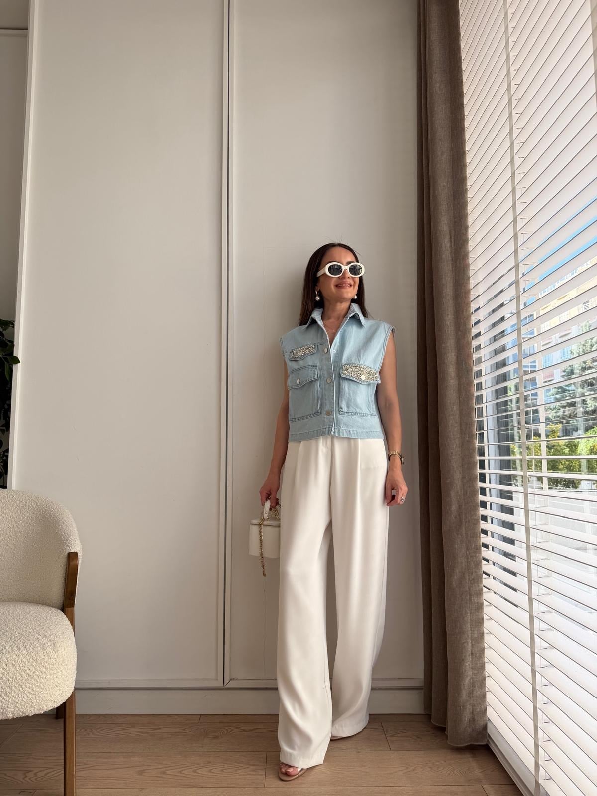 Buz mavisi Taş İşlemeli Cep Detaylı Denim Yelek 37457