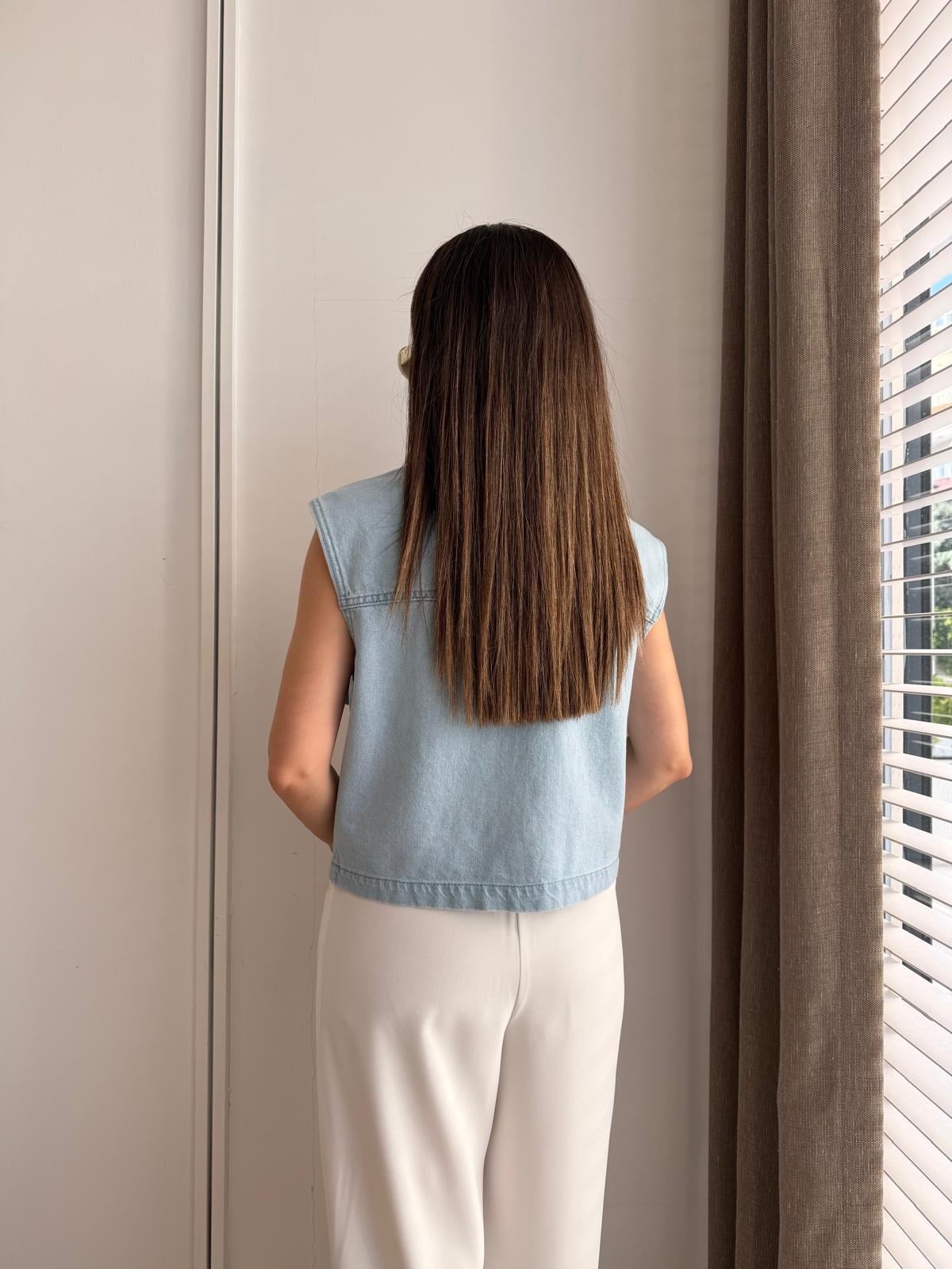 Buz mavisi Taş İşlemeli Cep Detaylı Denim Yelek 37457