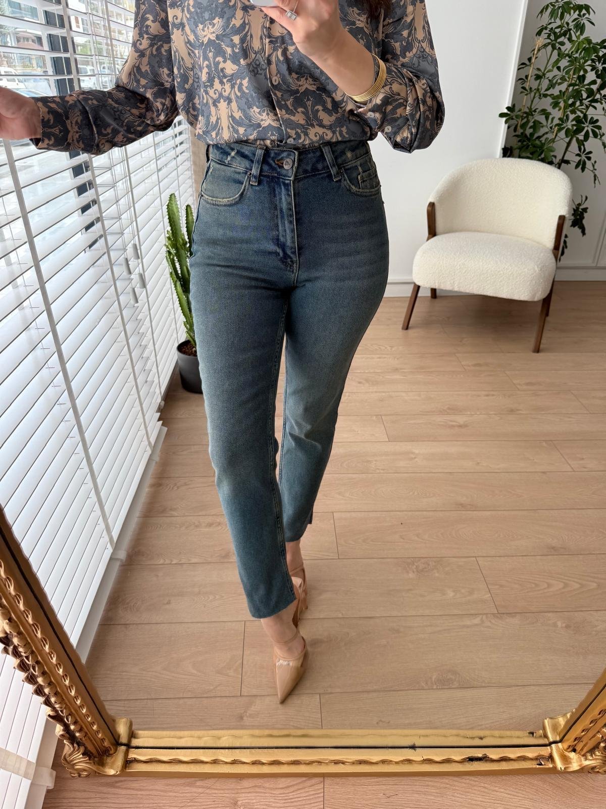Buz yeşili Yüksek Bel Full Likralı Paçası Kesik Mom Jean 0764