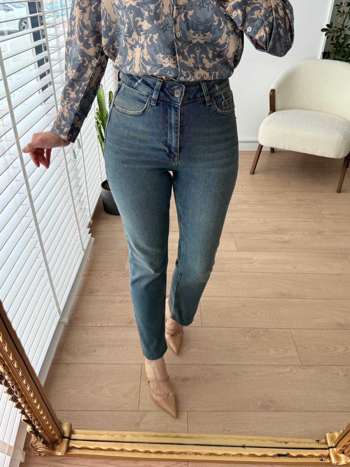 Buz yeşili Yüksek Bel Full Likralı Paçası Kesik Mom Jean 0764