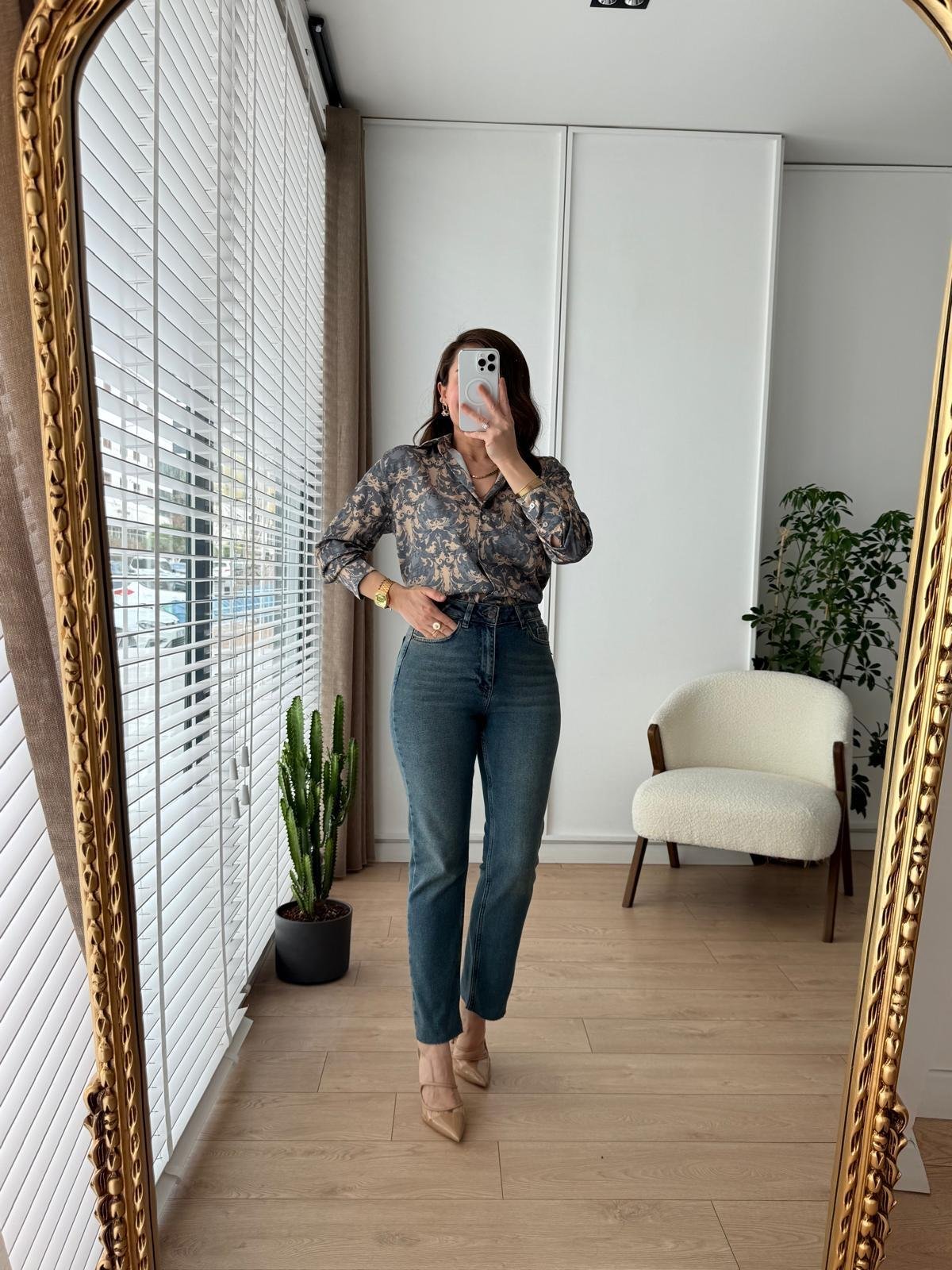Buz yeşili Yüksek Bel Full Likralı Paçası Kesik Mom Jean 0764