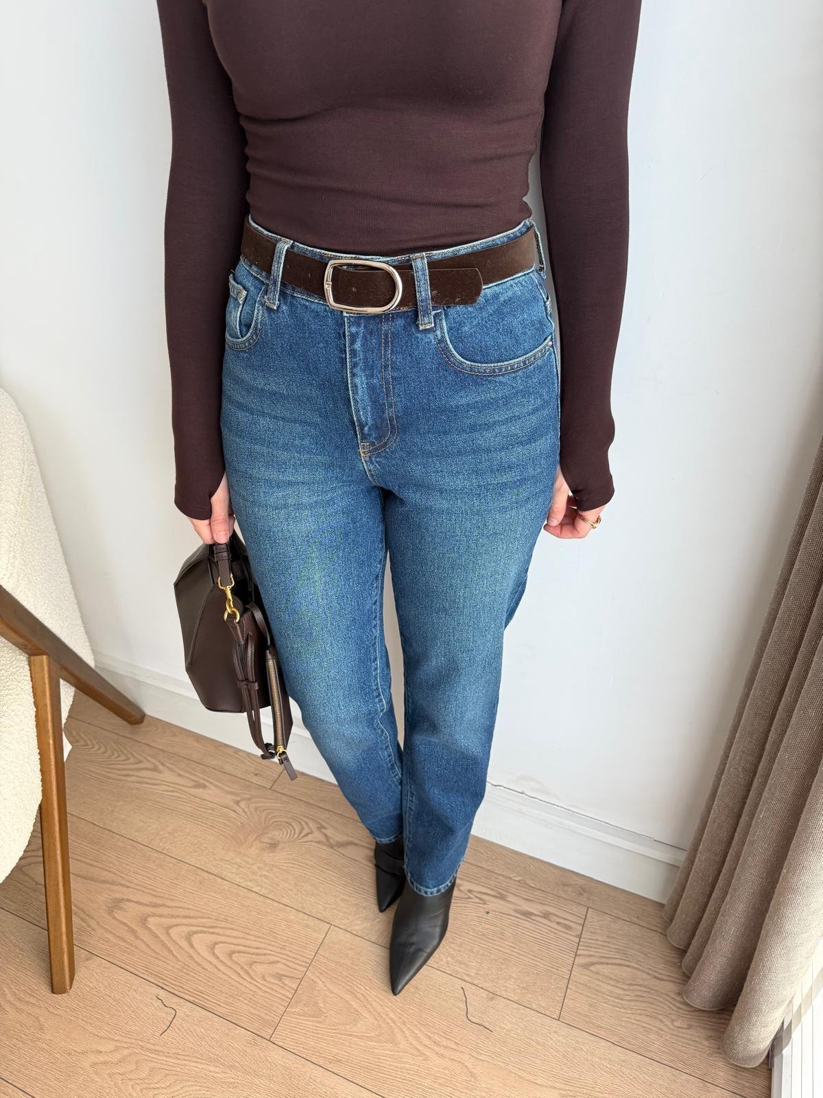 Buz yeşili Yüksek Bel Kemerli Mom Jean 25582