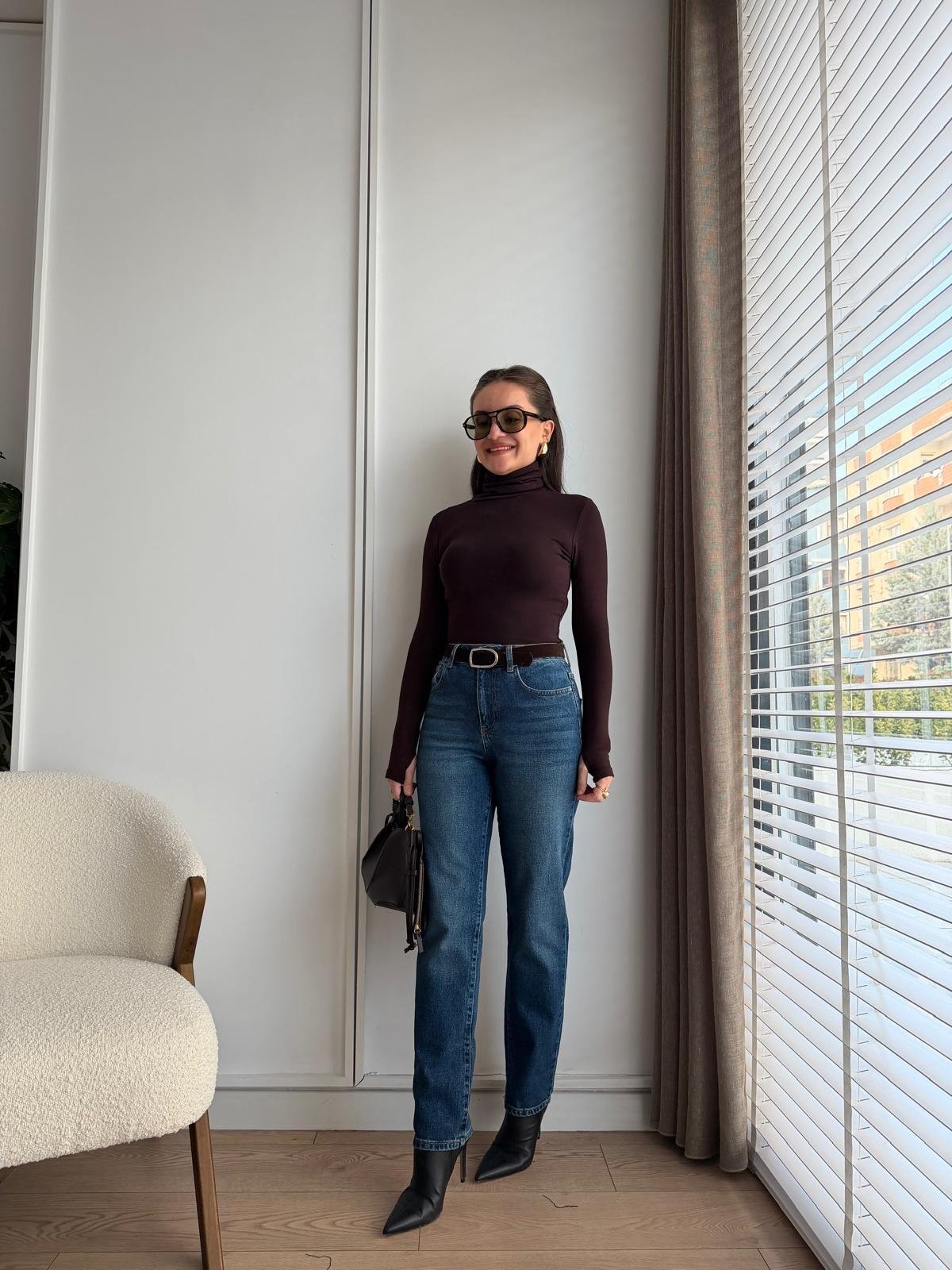 Buz yeşili Yüksek Bel Kemerli Mom Jean 25582