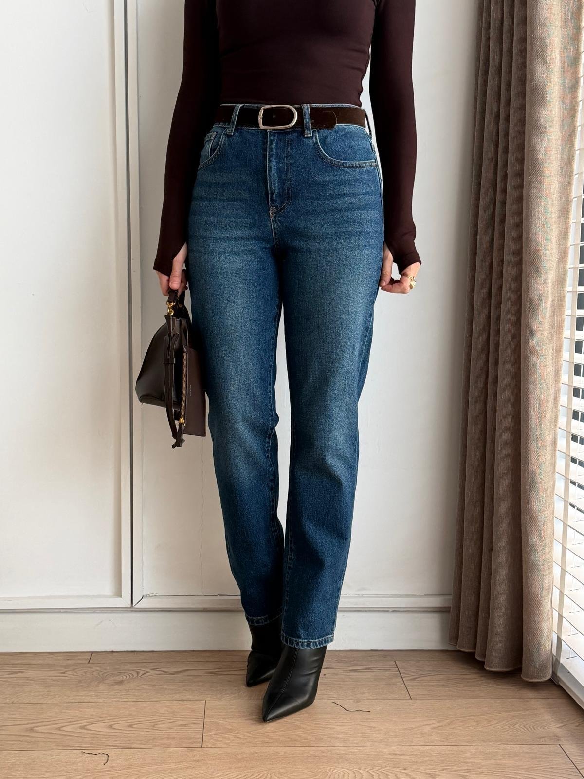 Buz yeşili Yüksek Bel Kemerli Mom Jean 25582