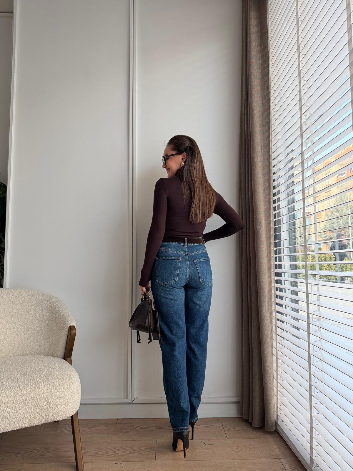 Buz yeşili Yüksek Bel Kemerli Mom Jean 25582