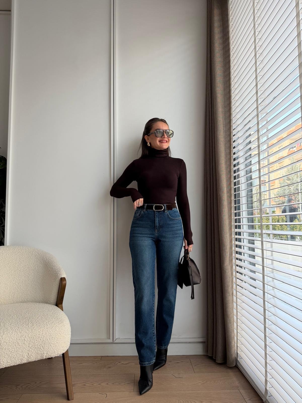 Buz yeşili Yüksek Bel Kemerli Mom Jean 25582