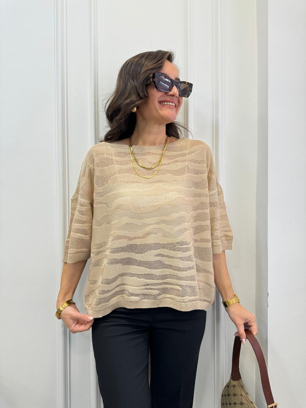 Camel Ajurlu Dalga Desenli Triko Bluz 241055