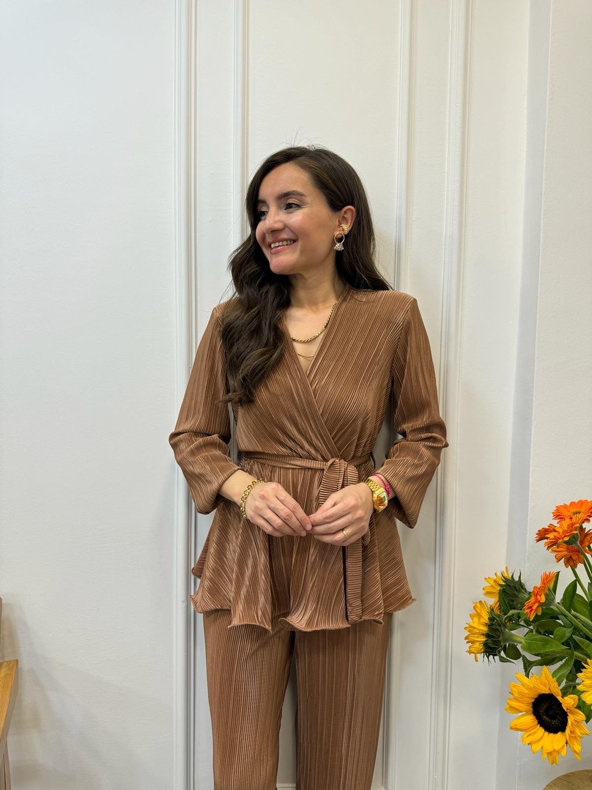 Camel Akordiyon Kumaş Beli Kuşaklı Kravuze Takım VZ20