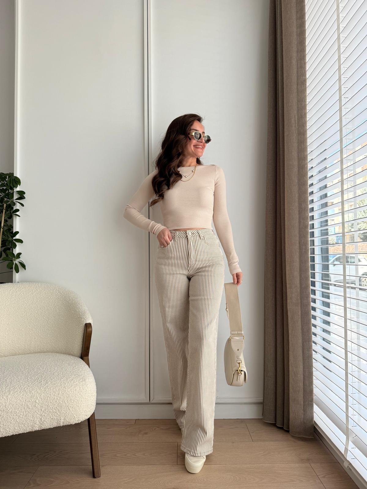 Camel Beyaz Çizgili Bol Paça Jean Pantolon 783