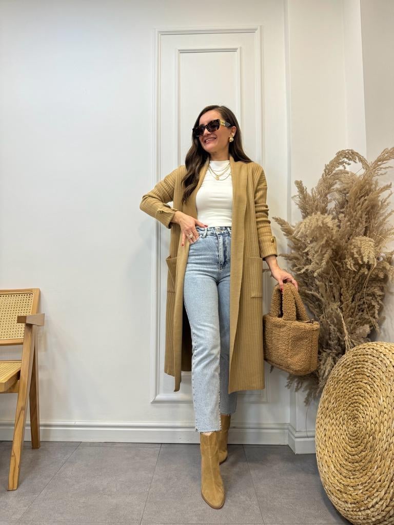 Camel Bilek Gold Düğme Detaylı Uzun Önü Açık Hırka 4017