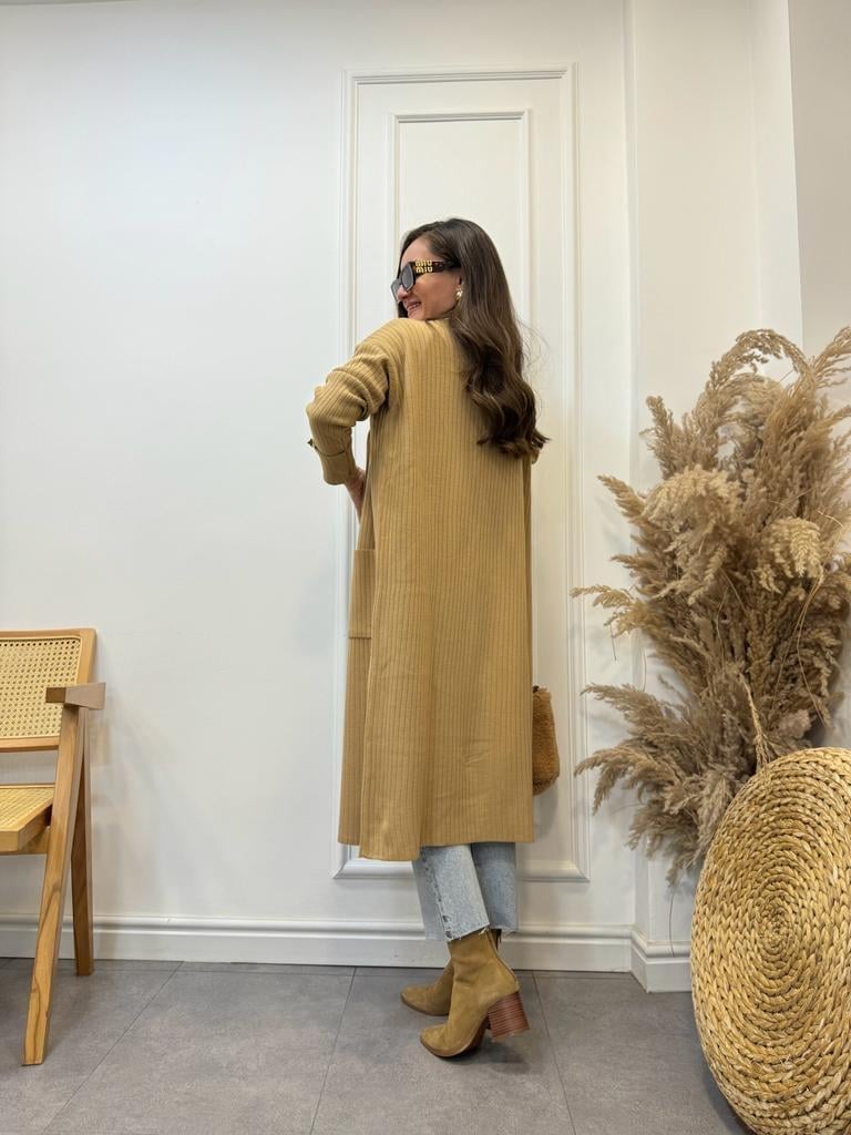 Camel Bilek Gold Düğme Detaylı Uzun Önü Açık Hırka 4017