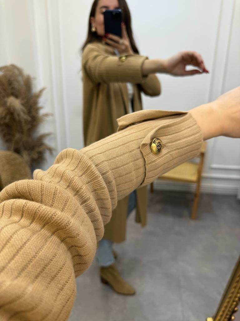 Camel Bilek Gold Düğme Detaylı Uzun Önü Açık Hırka 4017